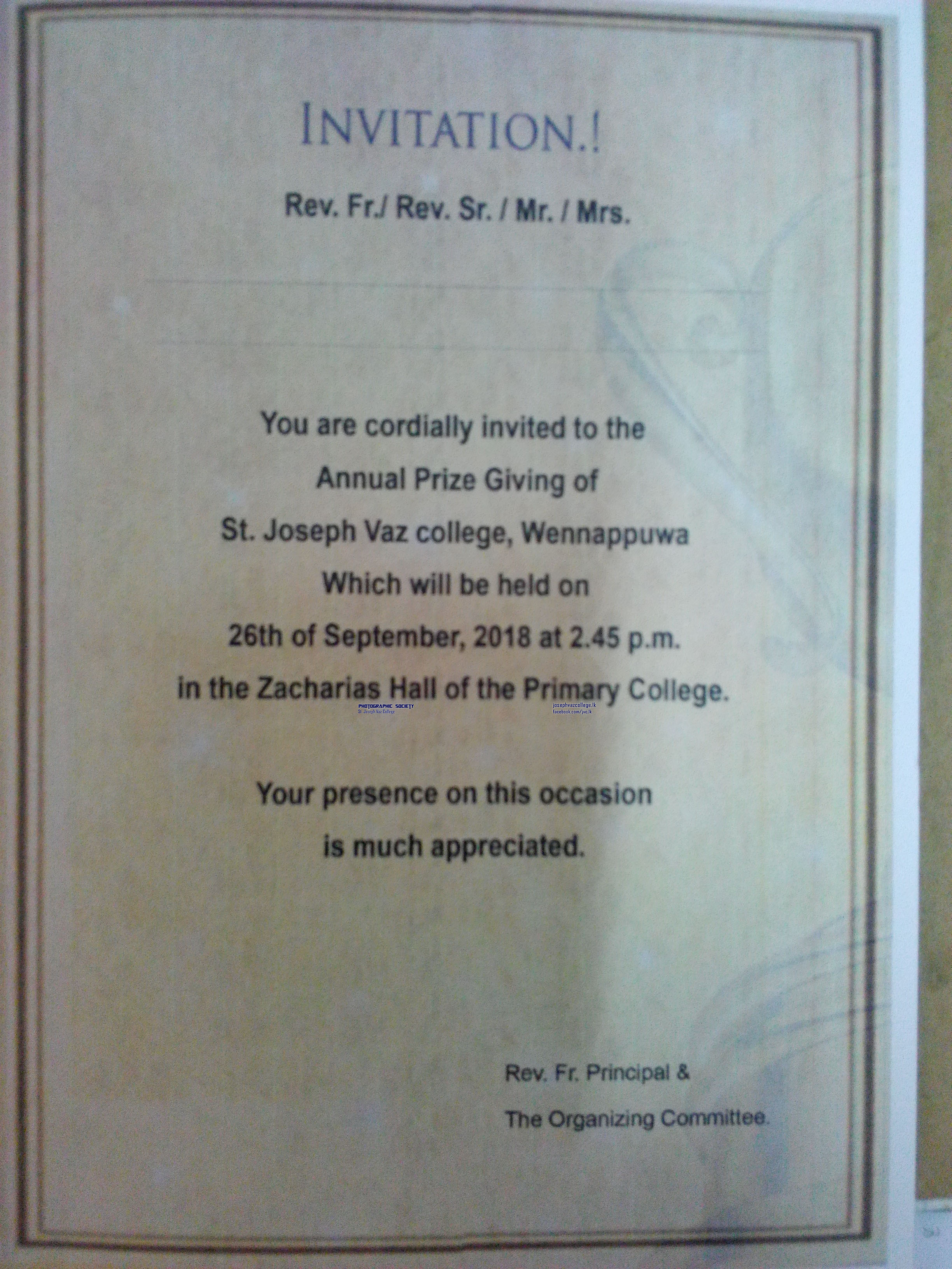 Prize Giving 2018 - Invitaion - St. Joseph Vaz College - Wennappuwa - Sri Lanka